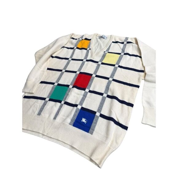 Burberrys Vintage Men’s XL Sweater 100% Lambswool Geometric Checkered Pullover - Picture 2 of 10